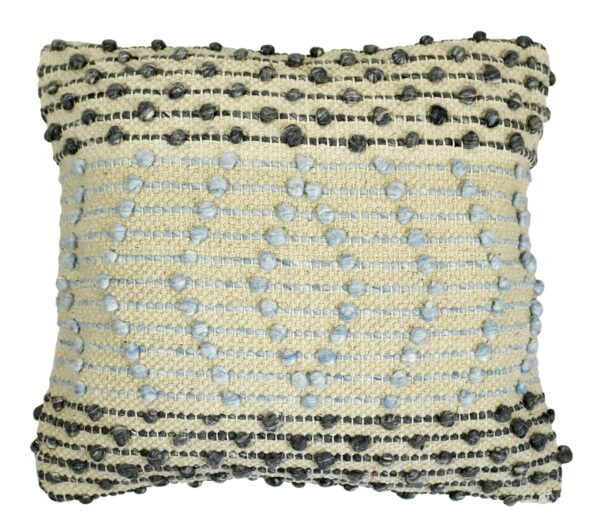 Handwoven Bohemian Throw Pillow with Textured Stripes and Blue Charcoal Pom-Poms